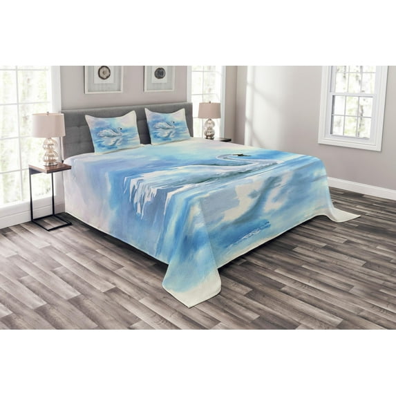 Ambesonne Animal Quilted Bedspread Set 3 Pcs, Swan in River Art, Queen Size, Blue White