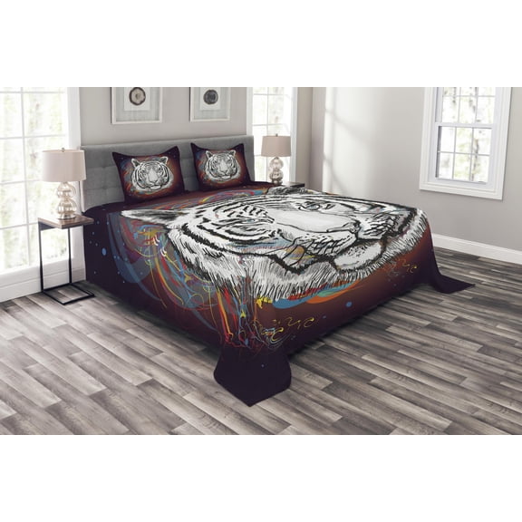 Ambesonne Animal Quilted Bedspread Set 3 Pcs, Tiger from Outer Space, Queen Size, Brown White and Black