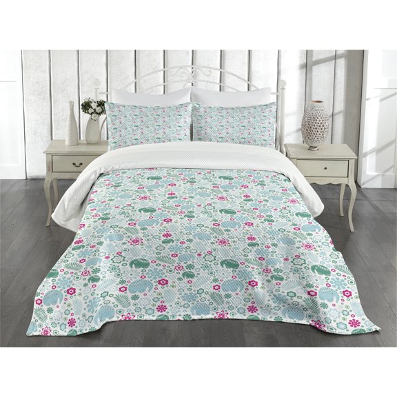 Ambesonne Animal Quilted Bedspread Set 3 Pcs, Tropical Art, King Size, Sea Green Pale Blue