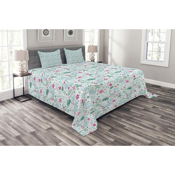 Ambesonne Animal Quilted Bedspread Set 3 Pcs, Tropical Art, Queen Size, Sea Green Pale Blue