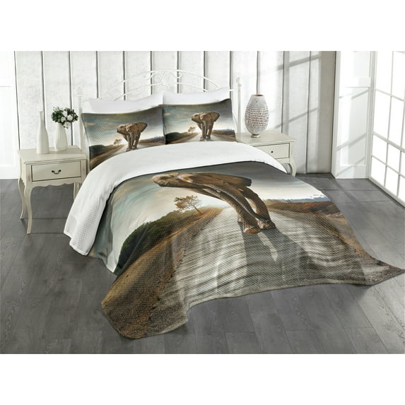 Ambesonne Animal Quilted Bedspread Set 3 Pcs, Walking down a Road, King Size, Multicolor