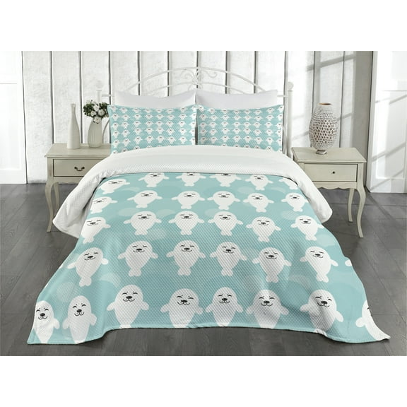 Ambesonne Animal Quilted Bedspread Set 3 Pcs, White Seals Ocean, King Size, Turquoise Pale Blue