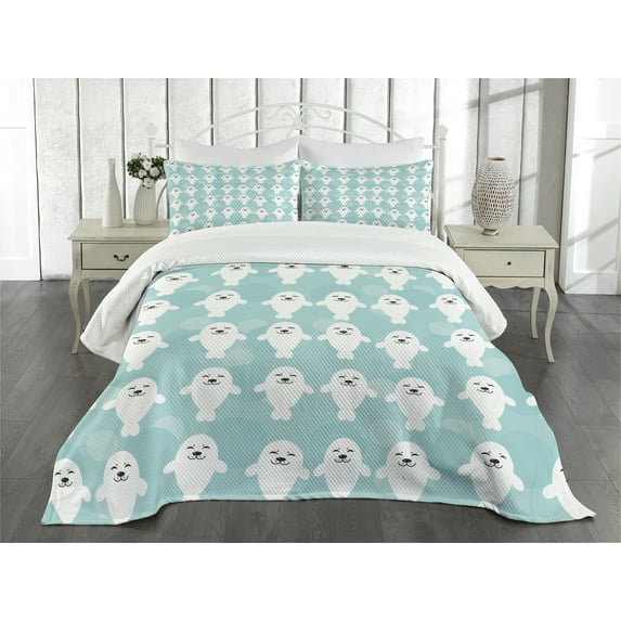 Ambesonne Animal Quilted Bedspread Set 3 Pcs, White Seals Ocean, Queen Size, Turquoise Pale Blue