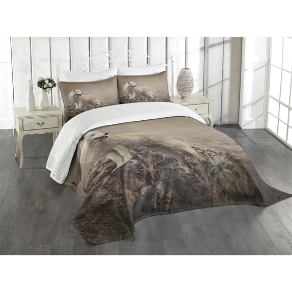 Ambesonne Animal Quilted Bedspread Set 3 Pcs, White Wolf on the Rocks, Queen Size, Warm Taupe