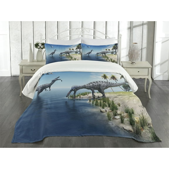 Ambesonne Animal Quilted Bedspread Set 3 Pcs, Wild Suchomimus Dinosaur, Queen Size, Blue Green Grey