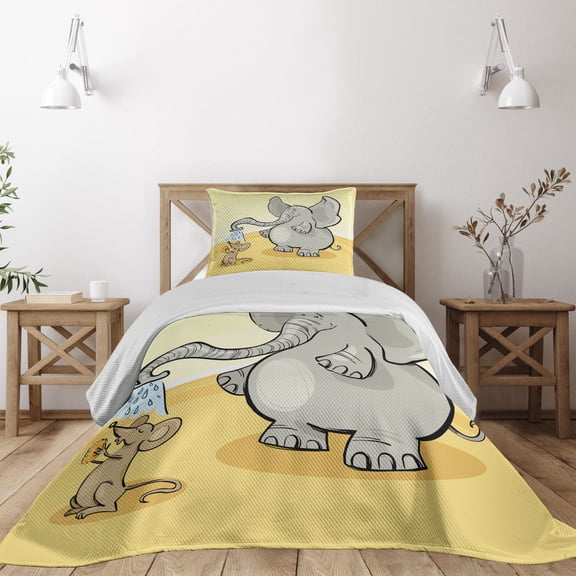 Ambesonne Animal Quilted Coverlet 2 Pcs, Bathing Mouse, Twin Size, Grey Yellow Cream