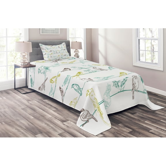 Ambesonne Animal Quilted Coverlet 2 Pcs, Birds Sitting on Wires, Twin Size, Pale Green Brown