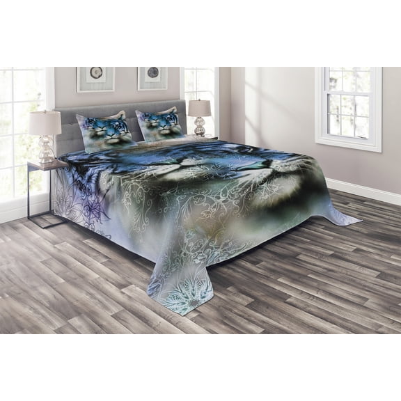 Ambesonne Animal Quilted Coverlet 2 Pcs, Blue Art Savannah Tigers, Twin Size, White Black Blue
