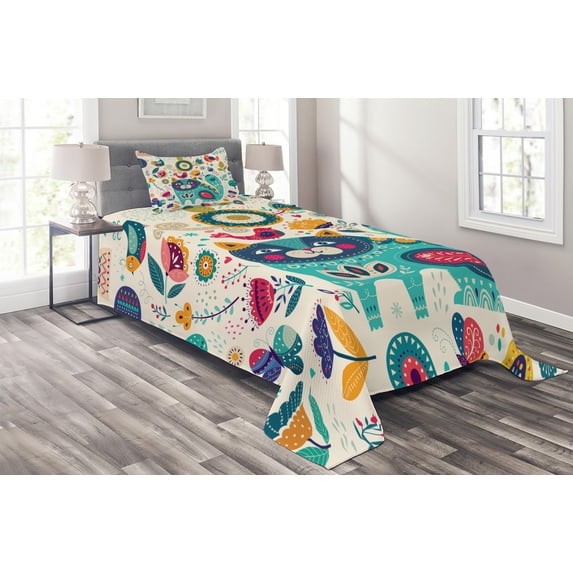 Ambesonne Animal Quilted Coverlet 2 Pcs, Cat with Birds, Twin Size, Multicolor