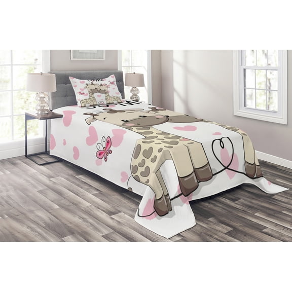 Ambesonne Animal Quilted Coverlet 2 Pcs, Giraffes and Hearts, Twin Size, White Grey Pink