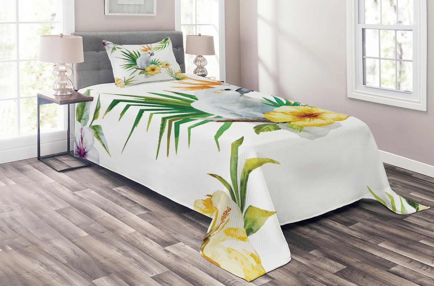 Tropical Parrot and Hibiscus Twin Quilted Bedspread Set