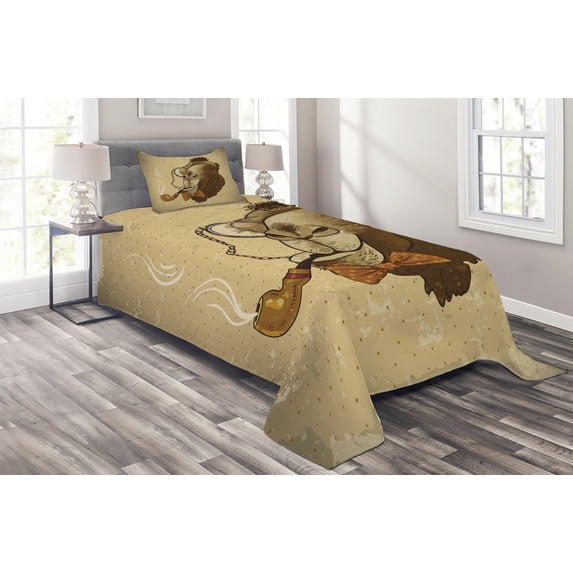 Ambesonne Animal Quilted Coverlet 2 Pcs, Hipster Pop Art Vintage, Twin Size, Brown and Tan