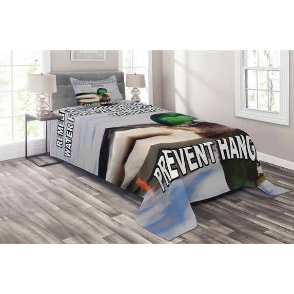 Ambesonne Animal Quilted Coverlet 2 Pcs, Mallard Duck with Words, Twin Size, Multicolor