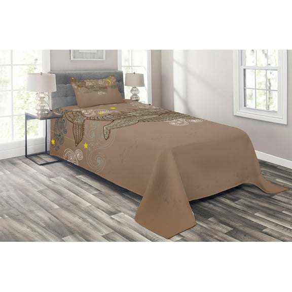 Ambesonne Animal Quilted Coverlet 2 Pcs, Steampuck Whale on Air, Twin Size, Brown and White
