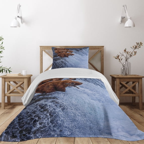 Ambesonne Animal Quilted Coverlet 2 Pcs, Wild Bear Fish Nature, Twin Size, Brown White