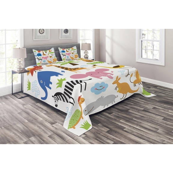 Ambesonne Animal Quilted Coverlet 3 Pcs, Cartoon Giraffe Zebra Turtle, King Size, Multicolor