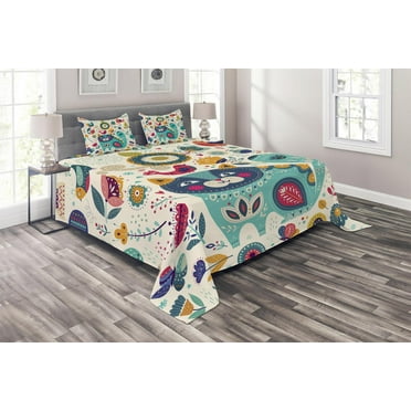 Ambesonne Animal Quilted Coverlet 3 Pcs, Cat with Birds, King Size, Multicolor