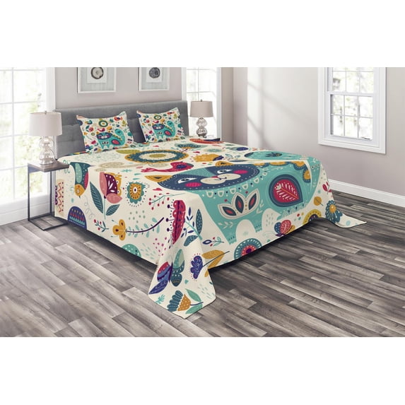Ambesonne Animal Quilted Coverlet 3 Pcs, Cat with Birds, Queen Size, Multicolor