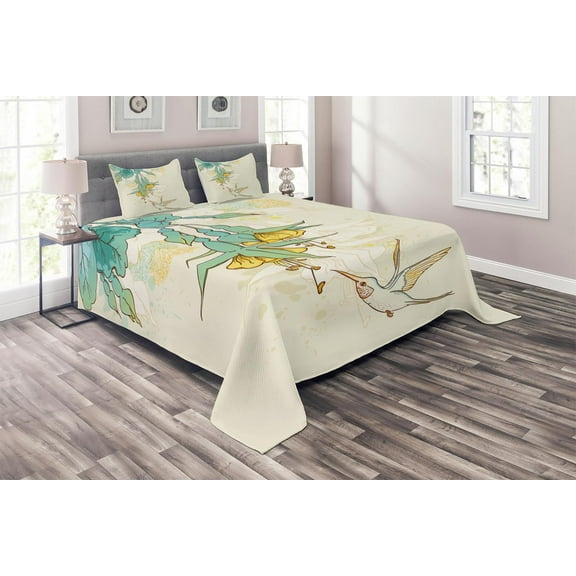 Ambesonne Animal Quilted Coverlet 3 Pcs, Colibri Exotic Plant, King Size, Teal Yellow