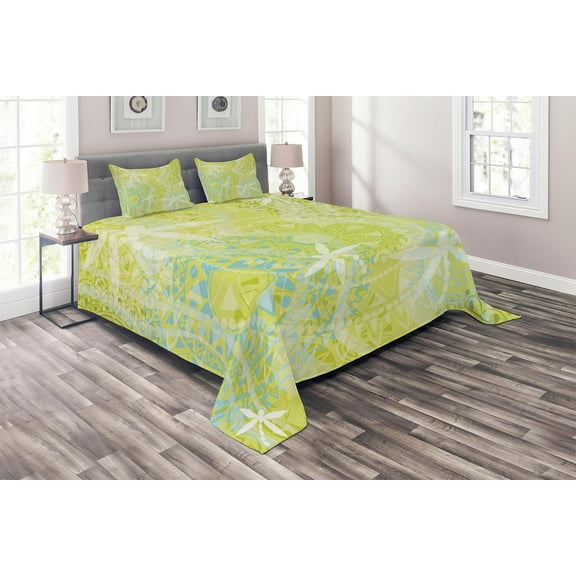 Ambesonne Animal Quilted Coverlet 3 Pcs, Dragonfly over Mandala, Queen Size, Green White