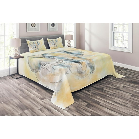 Ambesonne Animal Quilted Coverlet 3 Pcs, Exotic Wildlife Savannah, King Size, Cream and Grey