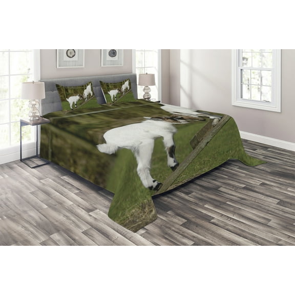 Ambesonne Animal Quilted Coverlet 3 Pcs, Farm Life with Goats, Queen Size, White Green