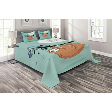 Ambesonne Animal Quilted Coverlet 3 Pcs, Flirty Sloth Cartoon, Queen Size, Multicolor