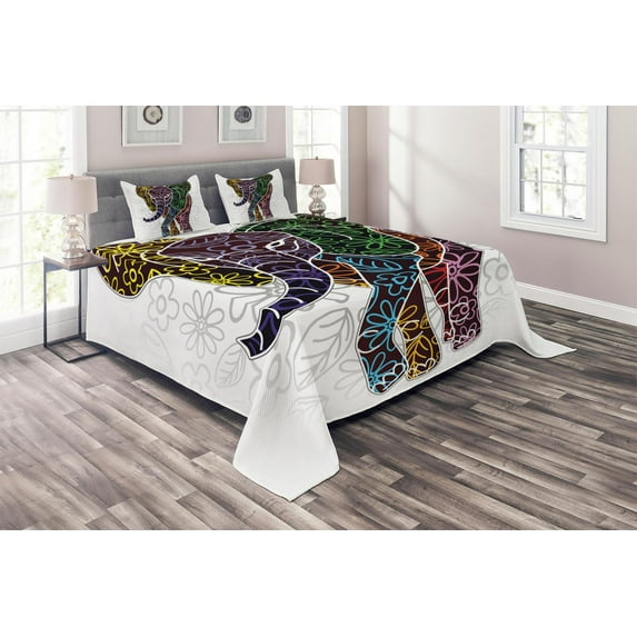 Ambesonne Animal Quilted Coverlet 3 Pcs, Floral Tribal Shapes, King Size, Multicolor