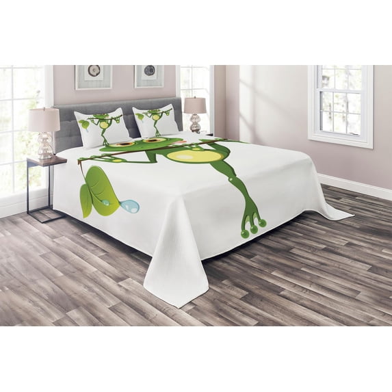 Ambesonne Animal Quilted Coverlet 3 Pcs, Frog on Branch Jungle, Queen Size, Green White Yellow