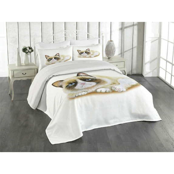 Ambesonne Animal Quilted Coverlet 3 Pcs, Grumpy Angry Cat Love, Queen Size, Beige and Brown