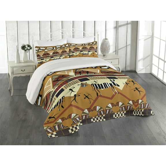 Ambesonne Animal Quilted Coverlet 3 Pcs, Hunt Zebra Tribe Ethnic, Queen Size, Ruby Mustard