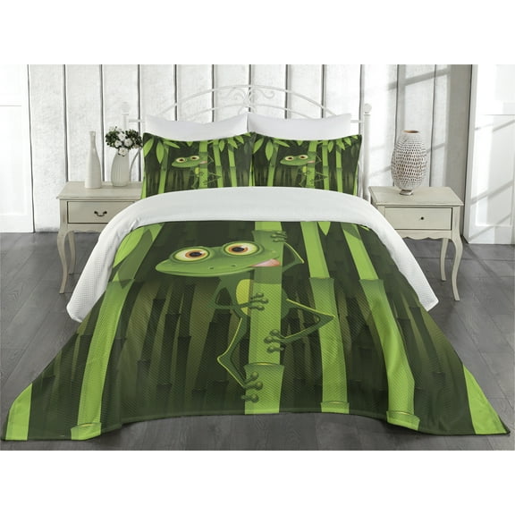 Ambesonne Animal Quilted Coverlet 3 Pcs, Jungle Trees Funny Frog Art, King Size, Green