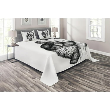 Ambesonne Animal Quilted Coverlet 3 Pcs, Little Panda Bear, King Size, Black and White