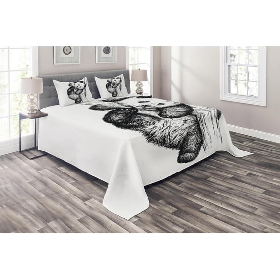 Ambesonne Animal Quilted Coverlet 3 Pcs, Little Panda Bear, Queen Size, Black and White