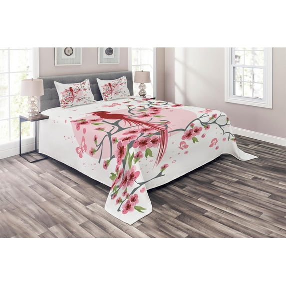 Ambesonne Animal Quilted Coverlet 3 Pcs, Mythical Phoenix Bird, Queen Size, Pink