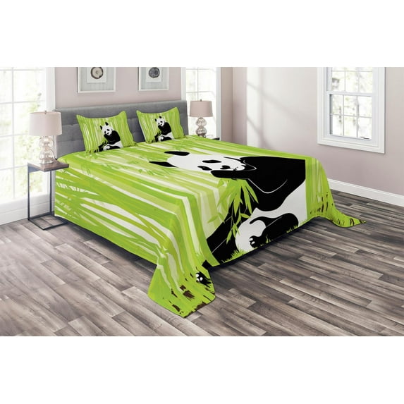 Ambesonne Animal Quilted Coverlet 3 Pcs, Panda in Wild Exotic Forest, King Size, White Black Lime