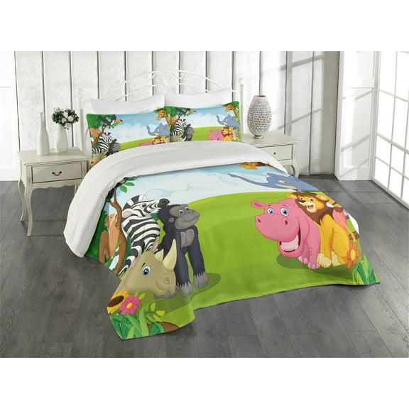 Ambesonne Animal Quilted Coverlet 3 Pcs, Savannah Animals Cartoon, King Size, Multicolor