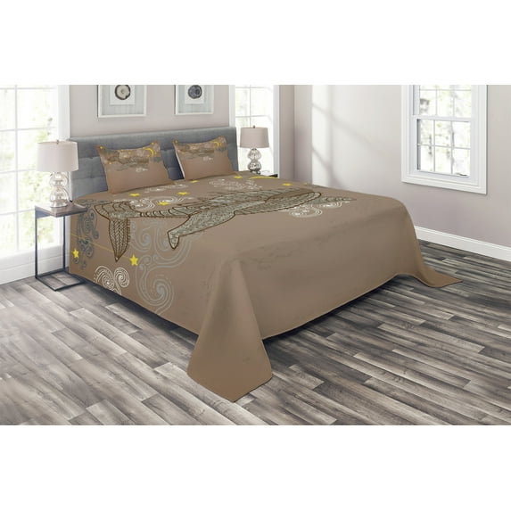 Ambesonne Animal Quilted Coverlet 3 Pcs, Steampuck Whale on Air, King Size, Brown and White