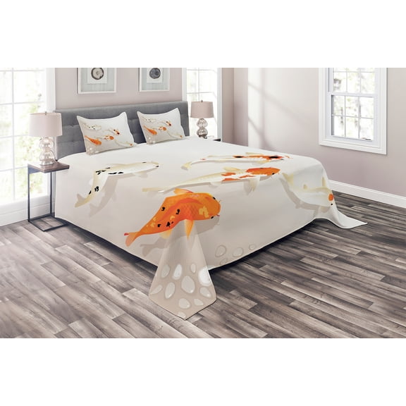 Ambesonne Animal Quilted Coverlet 3 Pcs, Traditional Spotted Koi Fish, King Size, Orange Beige