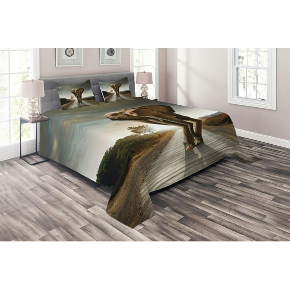 Ambesonne Animal Quilted Coverlet 3 Pcs, Walking down a Road, Queen Size, Multicolor