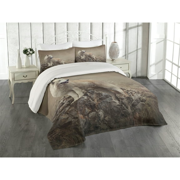 Ambesonne Animal Quilted Coverlet 3 Pcs, White Wolf on the Rocks, King Size, Warm Taupe