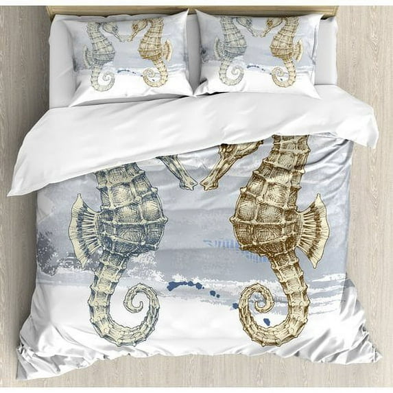 Ambesonne Animal Seahorse Lovers in Paintbrush Artisan Technique Grunge Splash on Background Duvet Cover Set