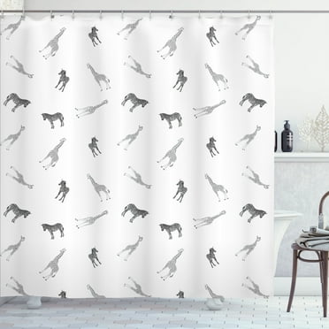 Ambesonne Animal Shower Curtain, Adult Zebra Giraffe and Cubs, 69"Wx75"L, Grey and White