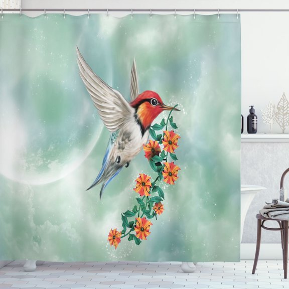 Ambesonne Animal Shower Curtain, Bird with Flower Branch, 69"Wx70"L, Orange Green