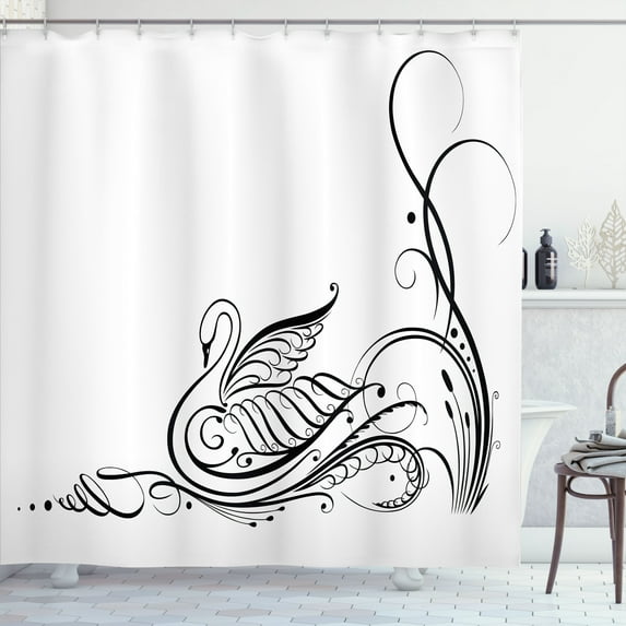 Ambesonne Animal Shower Curtain, Black Swan in River, 69"Wx70"L, White Black