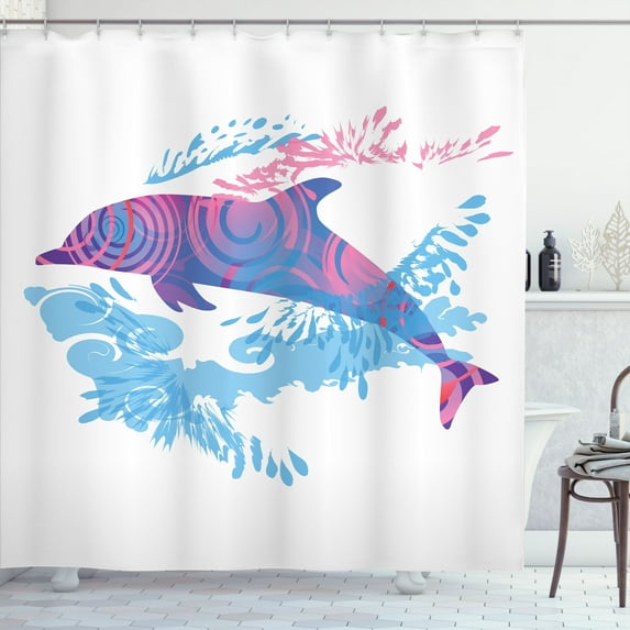 Ambesonne Animal Shower Curtain, Cartoon Jumping Dolphin, 69"Wx70"L, Blue Purple Pink