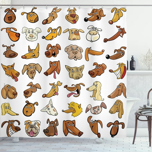 Ambesonne Animal Shower Curtain, Dog Heads Puppy Canin, 69"Wx84"L, White Yellow Chocolate