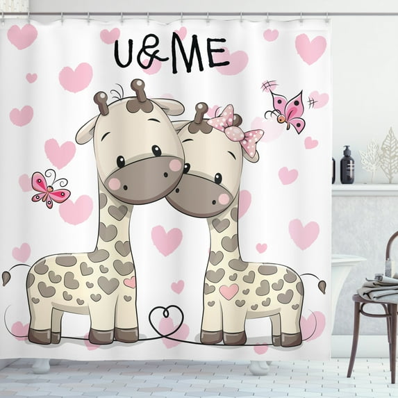 Ambesonne Animal Shower Curtain, Giraffes and Hearts, 69"Wx84"L, White Grey Pink