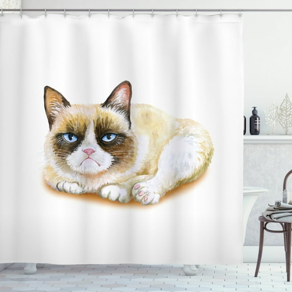 Ambesonne Animal Shower Curtain, Grumpy Angry Cat Love, 69"Wx84"L, Brown and Beige