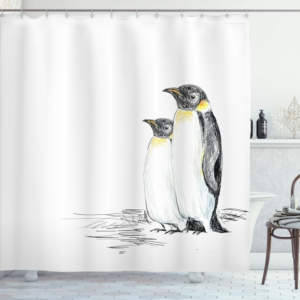 Ambesonne Animal Shower Curtain Hand Drawn Penguins Art 69 Wx84 L Black White Walmart Business Supplies
